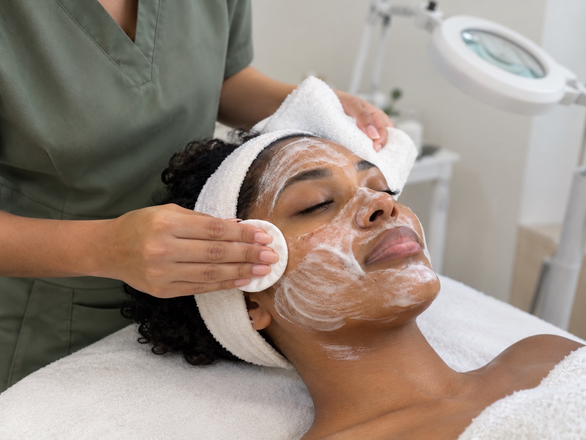 Esthetician cleansing a client during an organic facial at Natura