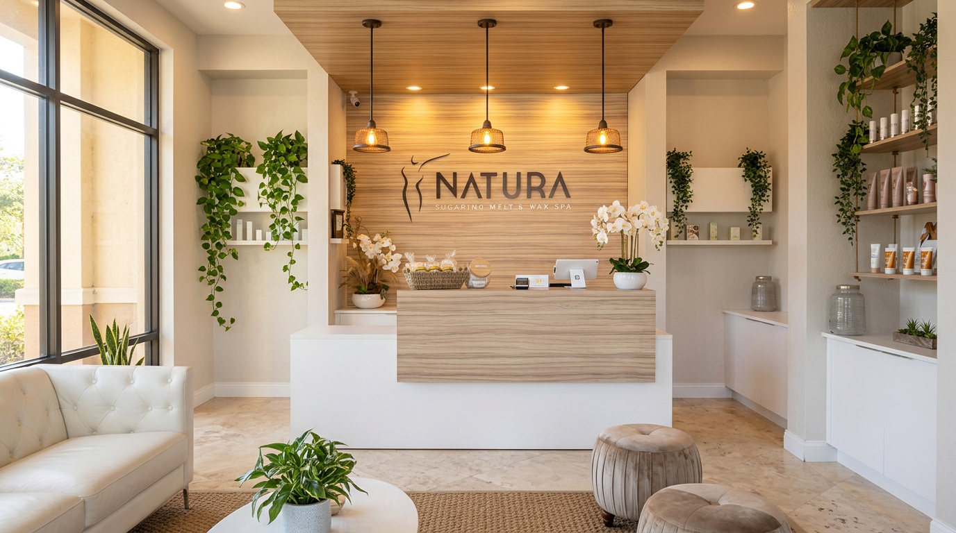 Warm reception lounge at a Natura Hair Removal & Skin Care studio