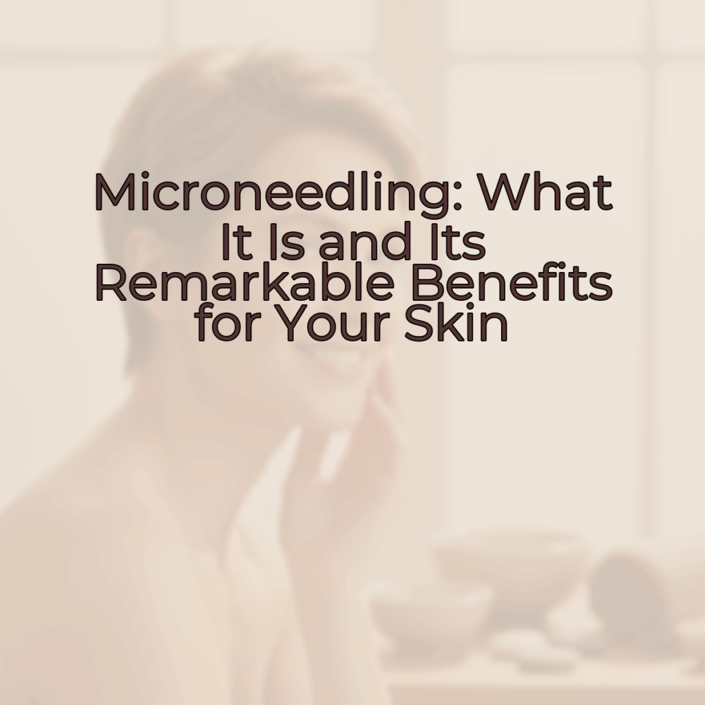 A woman with short hair and glowing skin smiles confidently while gently touching her face. The background is softly blurred with warm, natural tones, creating a luxurious spa-like feel.