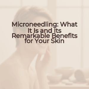 A woman with short hair and glowing skin smiles confidently while gently touching her face. The background is softly blurred with warm, natural tones, creating a luxurious spa-like feel.