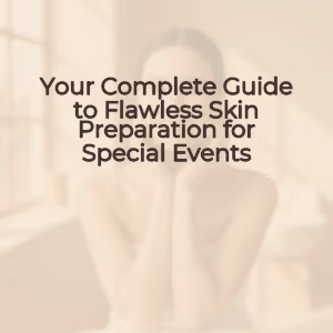 A woman with glowing skin touching her face, set against a warm, minimalist background. The color palette features beige, cream, and soft browns, conveying a sense of luxury and natural beauty. The lighting is soft and diffused, highlighting her natural radiance, with blurred elements in the background to maintain focus on the subject. The overall mood is spa-like and trustworthy, perfect for a premium skincare brand.