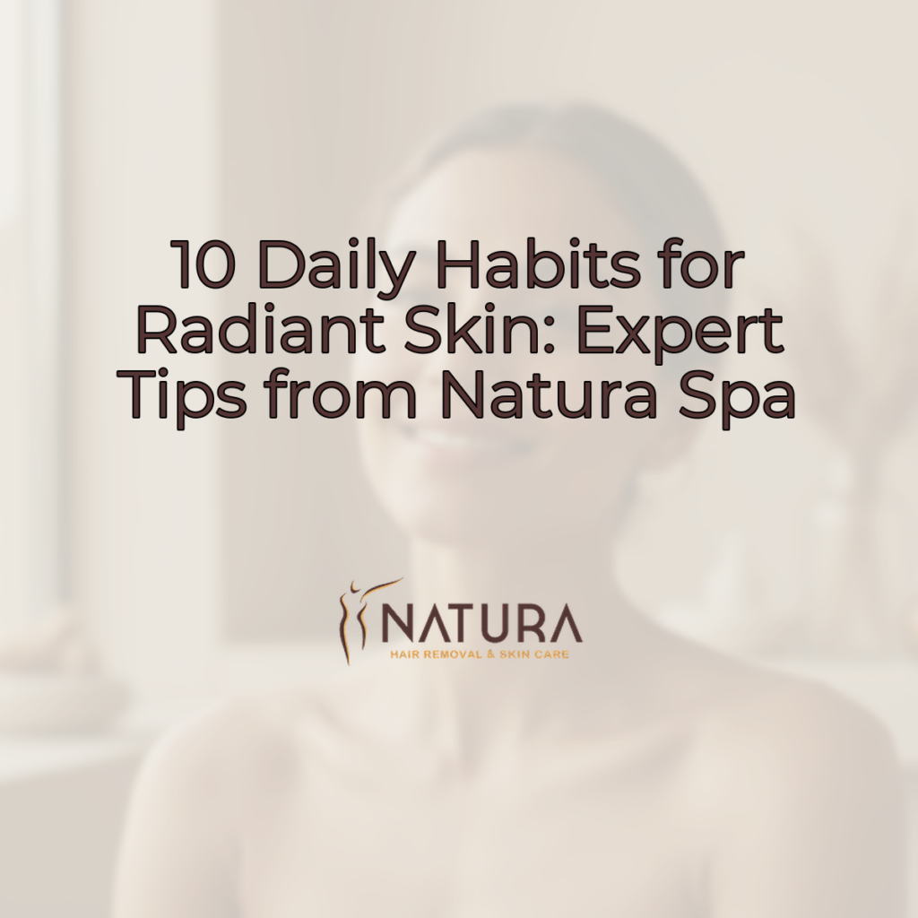 A woman with radiant, natural glowing skin in a relaxed pose, on a warm beige and cream background.