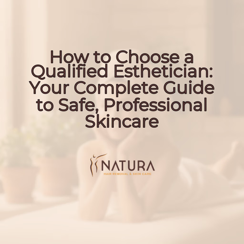 A woman with a towel wrap in a spa setting, her glowing skin visible as she touches her face with a relaxed, confident smile. The background is softly blurred with warm, natural lighting and beige, cream, and soft brown tones, conveying a luxurious and trustworthy spa-like mood.