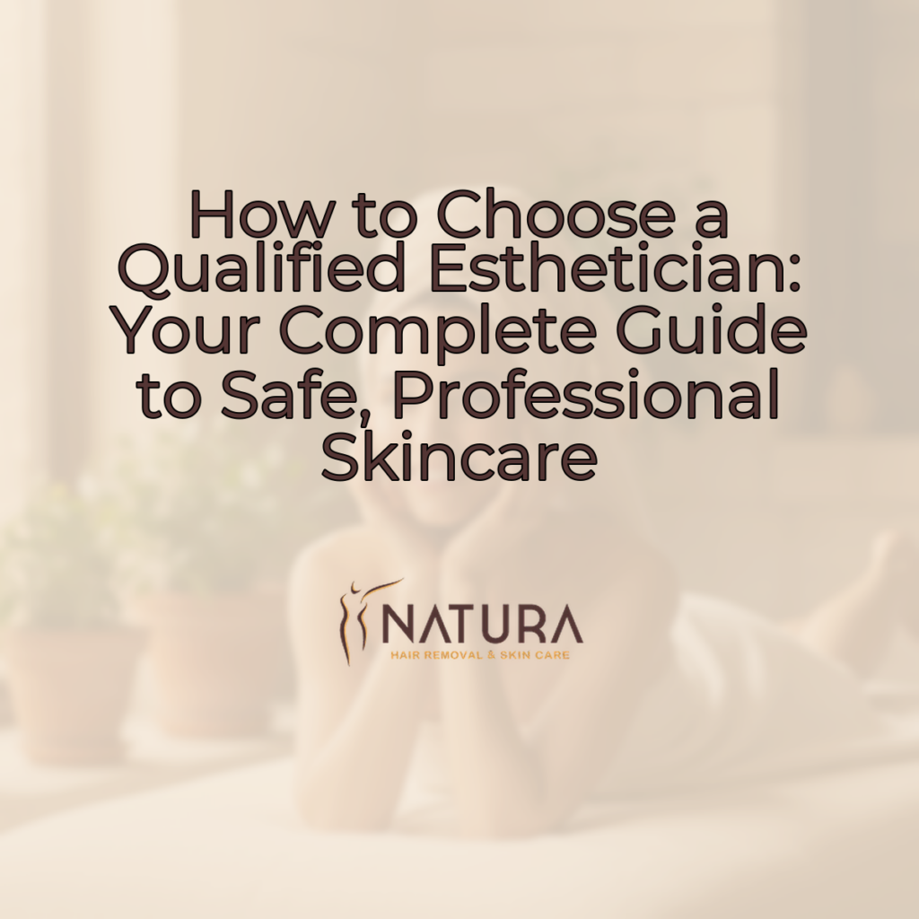 A woman with a towel wrap in a spa setting, her glowing skin visible as she touches her face with a relaxed, confident smile. The background is softly blurred with warm, natural lighting and beige, cream, and soft brown tones, conveying a luxurious and trustworthy spa-like mood.