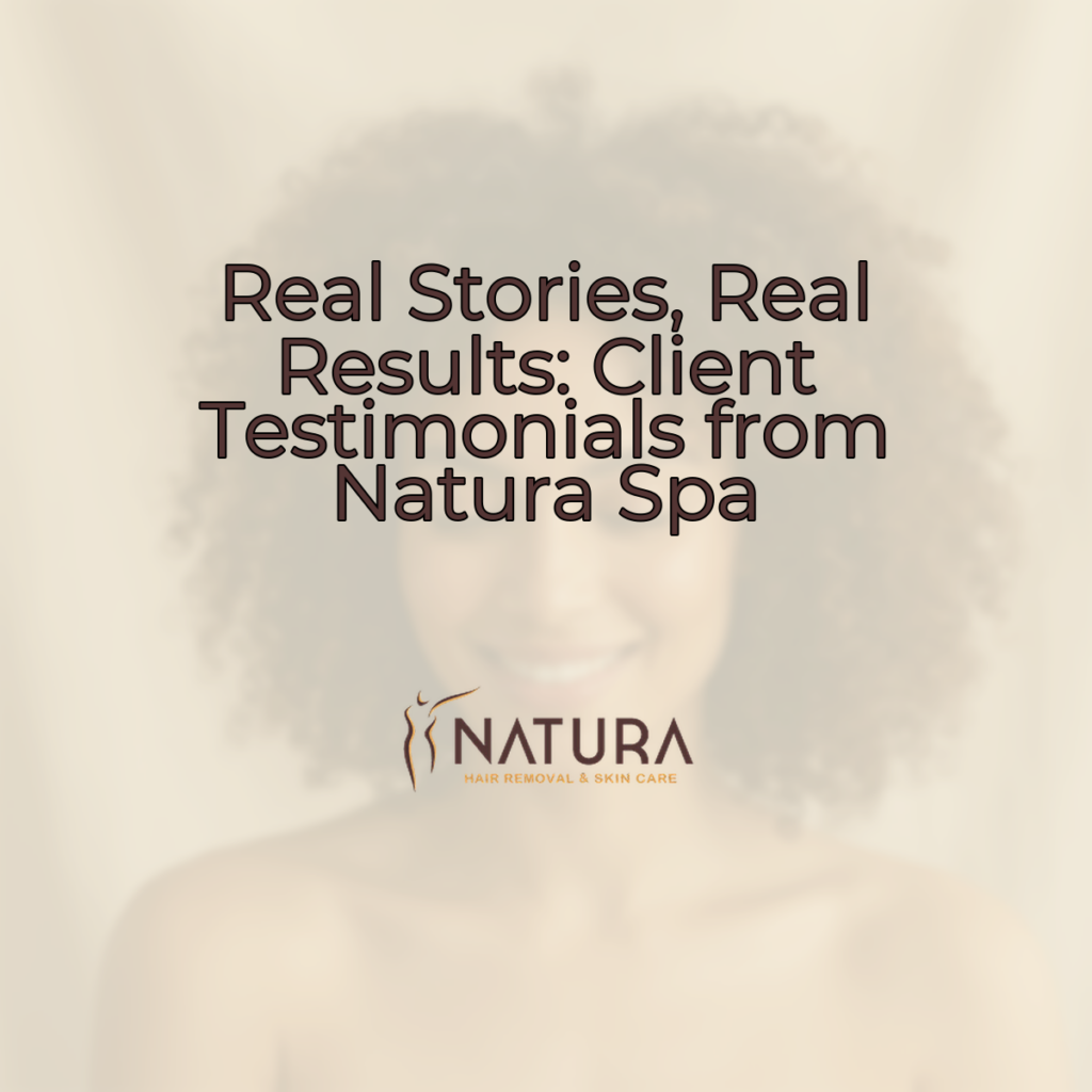 A soft, warm, natural background for Natura Spa's client testimonials, featuring a tastefully diverse female model with glowing skin and a confident smile.