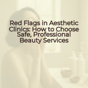 A woman with glowing skin, touching her face with a confident smile, set against a blurred spa-like background with a warm beige and brown palette.