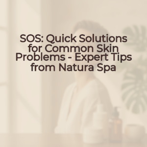 A woman with short hair and glowing skin smiles confidently while gently touching her face. The background is softly blurred with warm, natural tones, evoking a spa-like atmosphere.