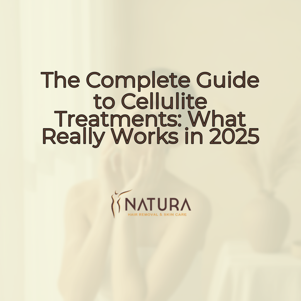 A woman with glowing skin, relaxed pose touching her face or engaging in a skincare routine, with a genuine confident smile. The background is a slightly blurred, warm beige, cream, and soft brown palette, reflecting a luxurious, natural, trustworthy, spa-like mood.