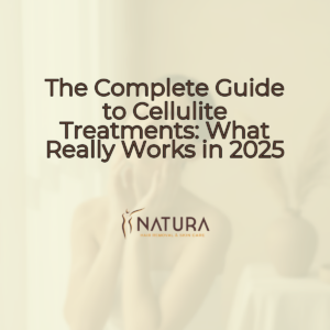 A woman with glowing skin, relaxed pose touching her face or engaging in a skincare routine, with a genuine confident smile. The background is a slightly blurred, warm beige, cream, and soft brown palette, reflecting a luxurious, natural, trustworthy, spa-like mood.
