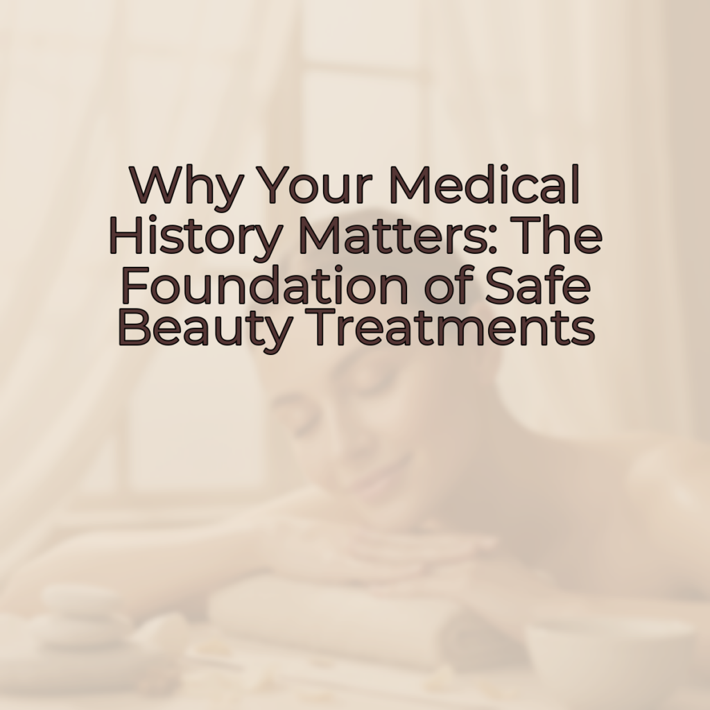 A professional skincare promotional background with a woman with a genuine confident smile, natural glowing skin, and a relaxed spa pose.