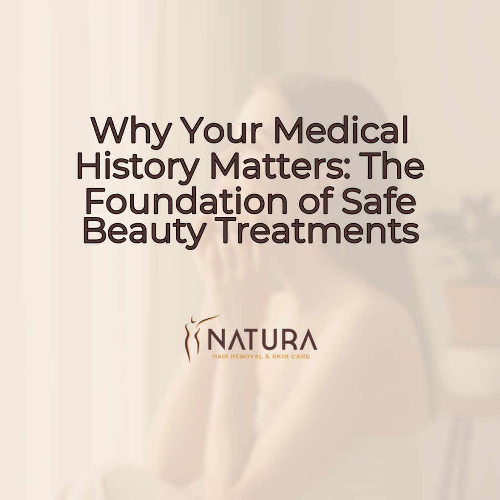 A serene female model with glowing skin in a relaxed pose, gently touching her face. The image has a soft, warm natural aesthetic with blurred background.