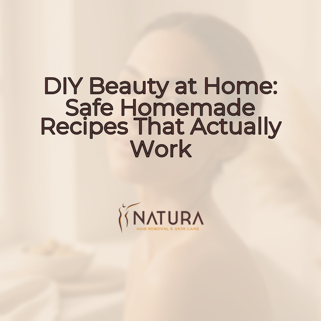 A woman with a warm, natural glow demonstrates a homemade beauty routine.