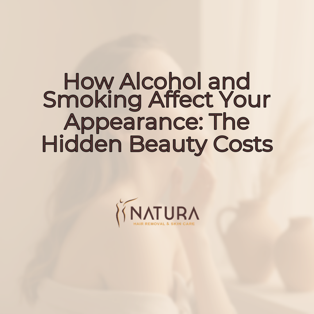 A woman with glowing skin, relaxed pose touching face or routine, genuine confident smile. The background has a soft, warm natural aesthetic with blurred elements in a beige, cream, and soft brown palette. Soft diffused lighting.