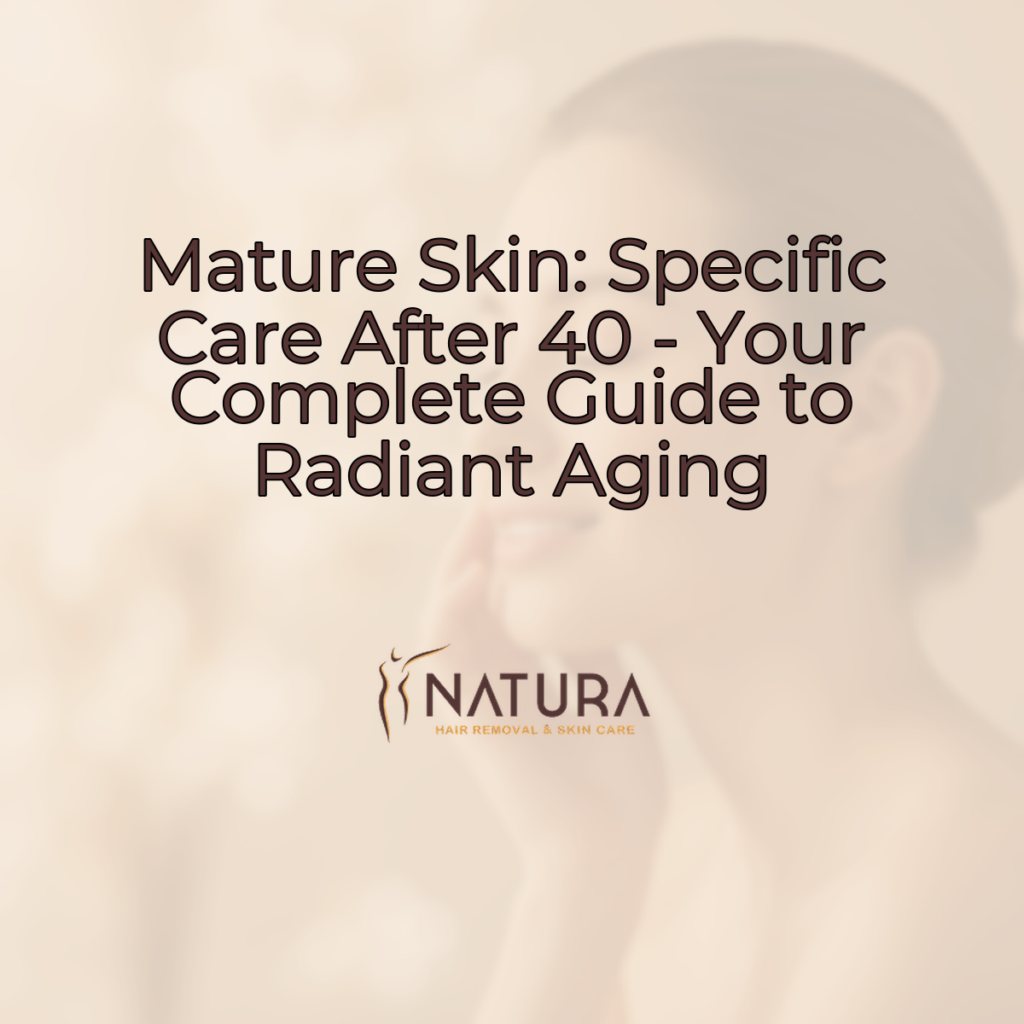 A woman with radiant, mature skin smiling gently, her eyes closed, against a blurred, warm-toned background, evoking a sense of calm and natural beauty. Skincare promotion for 'Mature Skin: Specific Care After 40'.