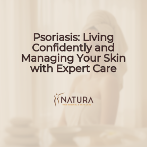 A warm beige and soft brown palette with a model having natural glowing skin in a spa setting for a skincare promotion.