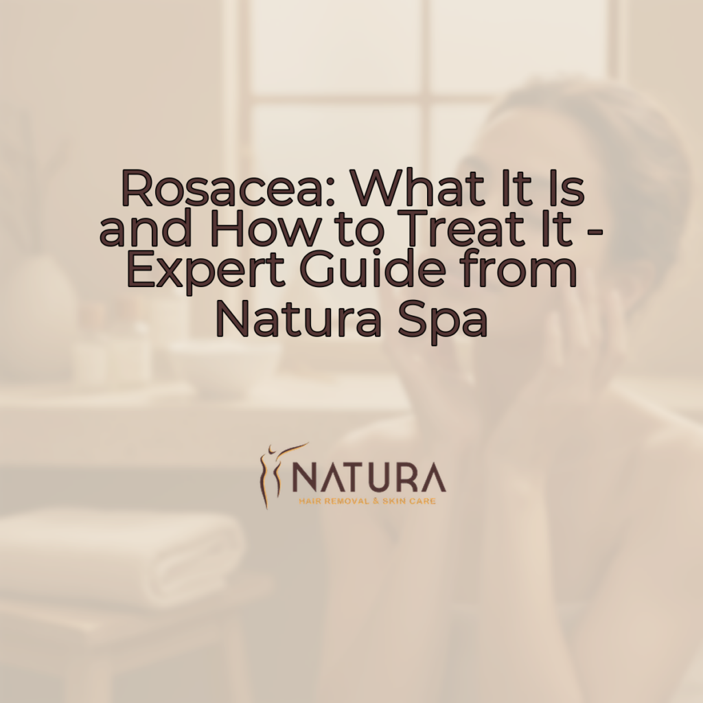 A serene female model with diverse, glowing skin, embodying natural beauty amidst a warm, blurred background, her hand tenderly touching her face as if in a skincare routine. Her confident smile and the soft, diffused lighting evoke a luxurious, trustworthy, and spa-like atmosphere for Natura Spa's 'Rosacea: What It Is and How to Treat It' guide.