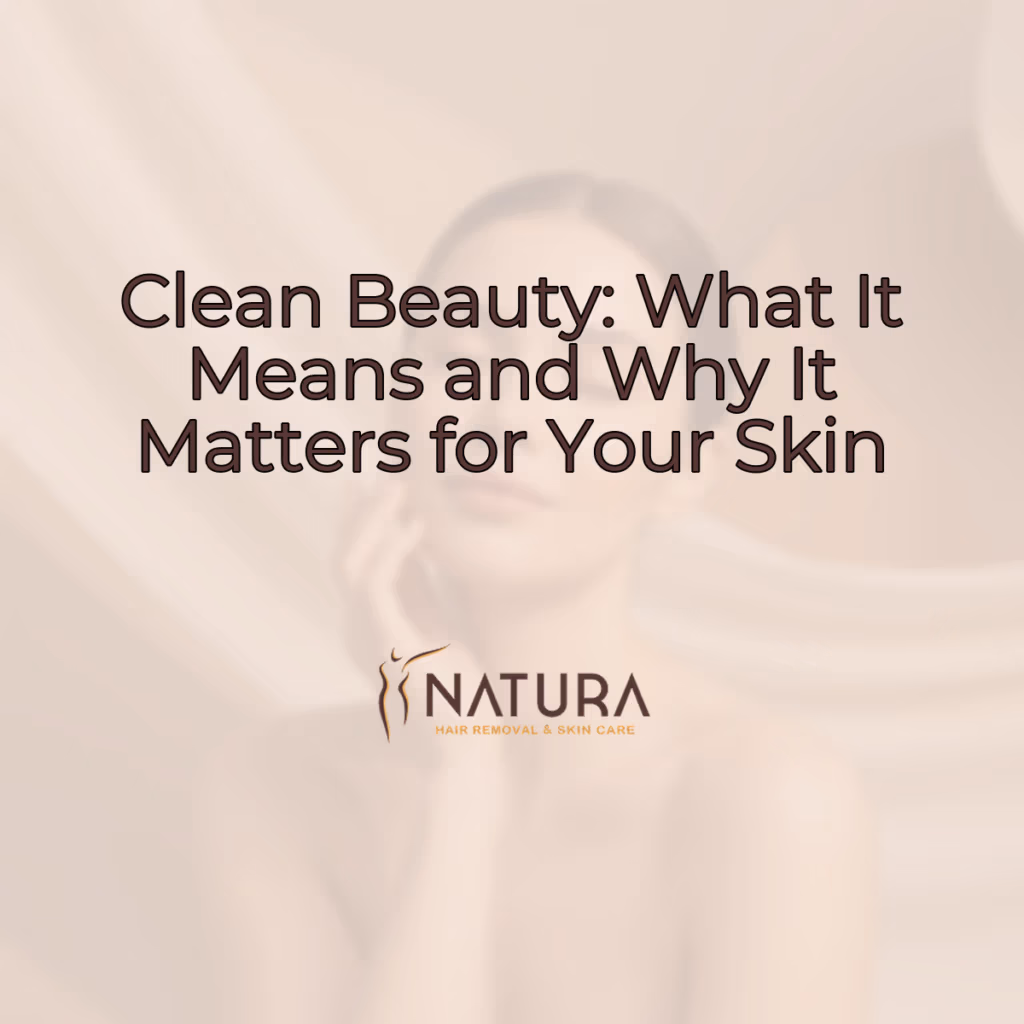A woman with glowing skin, showcasing a clean beauty routine against a soft, warm background.