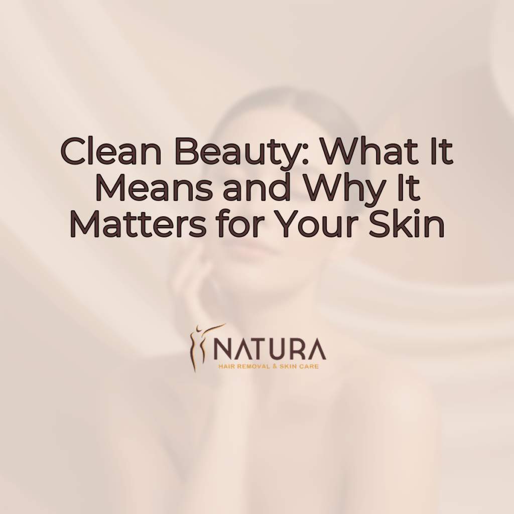 A woman with glowing skin, showcasing a clean beauty routine against a soft, warm background.