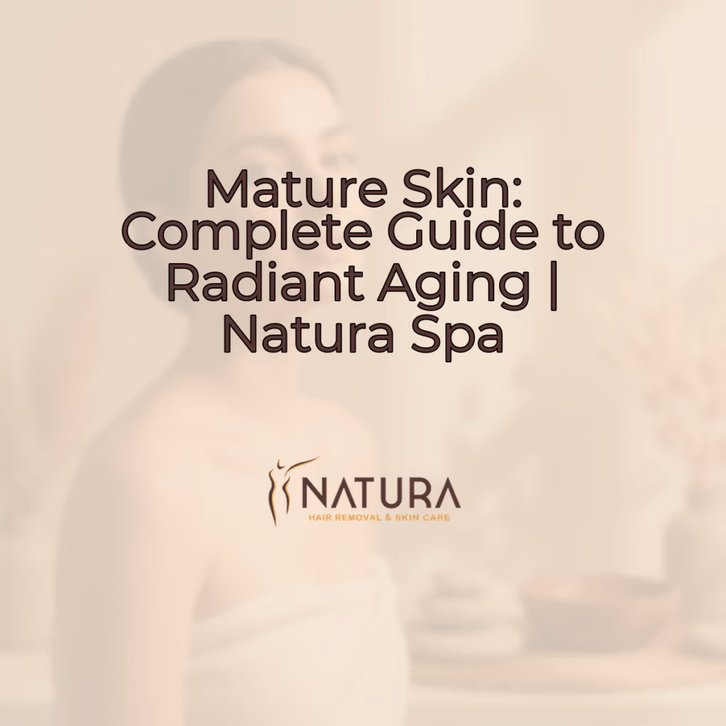 A woman with radiant, mature skin in a spa setting, looking refreshed and confident. Features a soft, warm, natural aesthetic with blurred background.