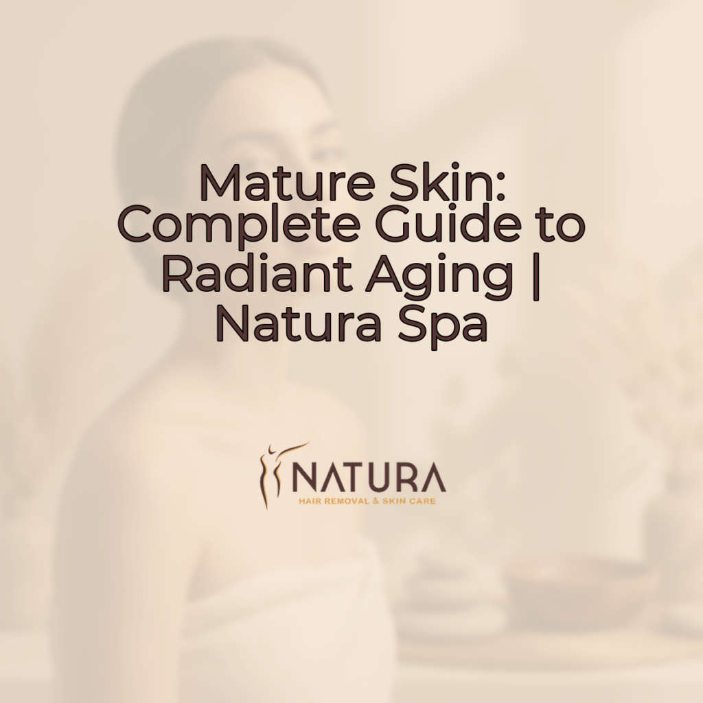 A woman with radiant, mature skin in a spa setting, looking refreshed and confident. Features a soft, warm, natural aesthetic with blurred background.