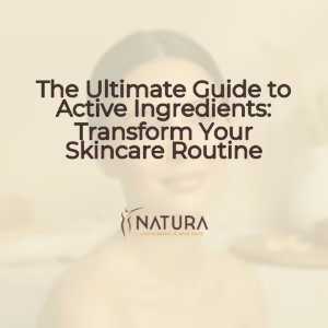 A professional skincare promotional background with a warm, natural aesthetic. A tasteful female model with natural glowing skin, a relaxed pose touching her face or engaging with her routine, and a genuine confident smile is depicted. The scene features soft diffused lighting and a slightly blurred background, fitting a luxurious, natural, trustworthy, spa-like brand mood. The color palette is warm beige, cream, and soft brown.