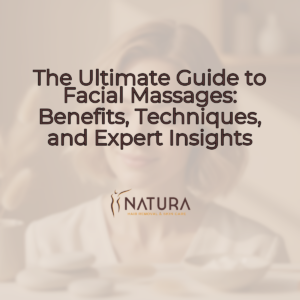 A woman with short hair, natural glowing skin, and a genuine confident smile gently touches her face in a relaxed pose. Soft, diffused lighting illuminates the scene, and the warm beige, cream, and soft brown palette creates a luxurious, natural, and spa-like atmosphere. The background is slightly blurred.