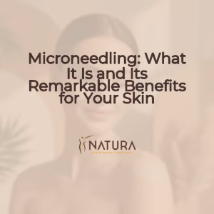 A woman with naturally glowing skin smiling, touching her face, in a soft, warm, and natural setting.