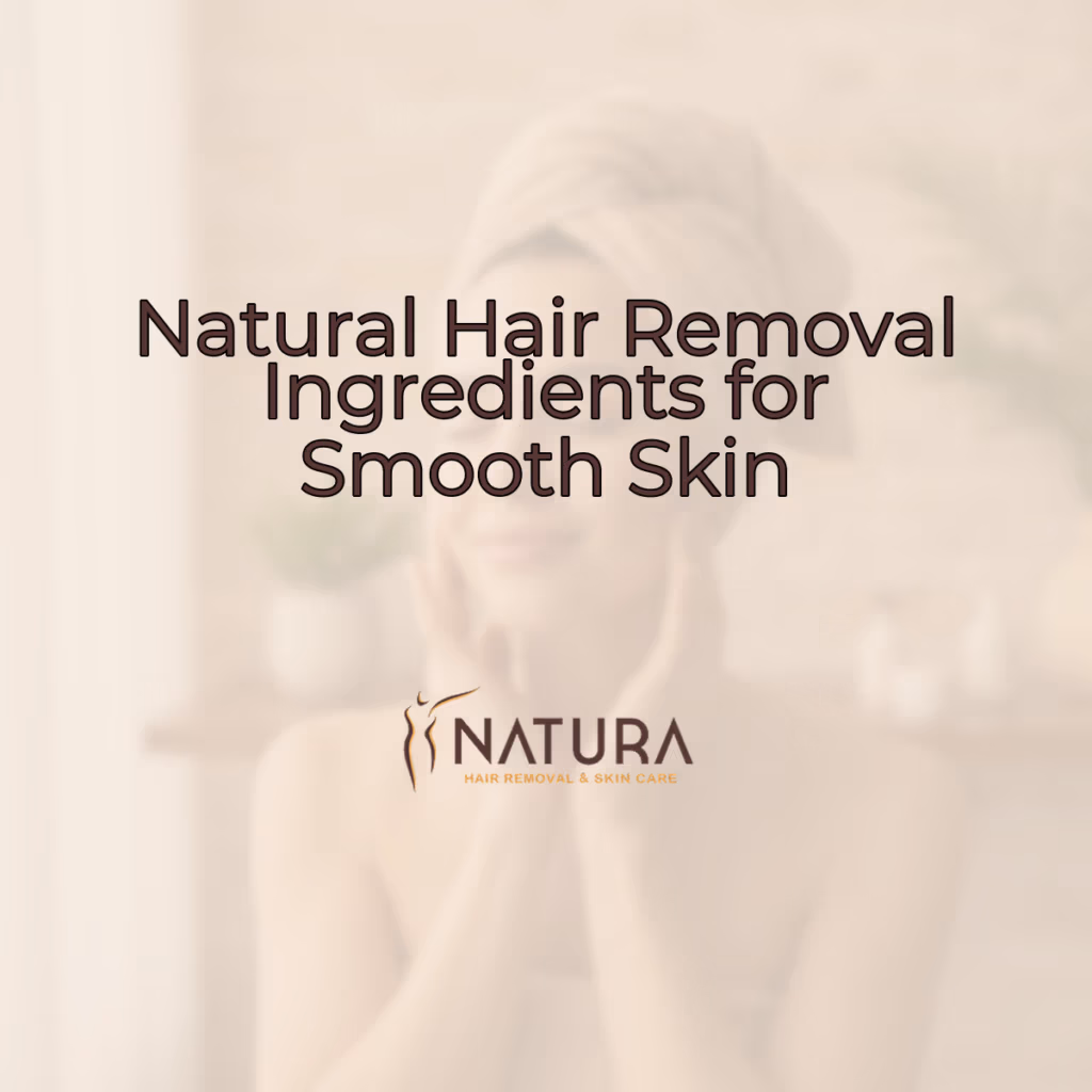 A serene female model in a spa setting with glowing skin, showcasing natural hair removal ingredients.