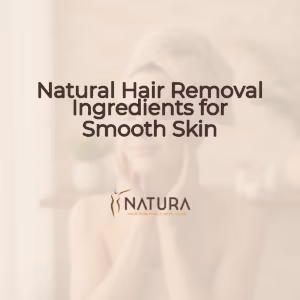 A serene female model in a spa setting with glowing skin, showcasing natural hair removal ingredients.