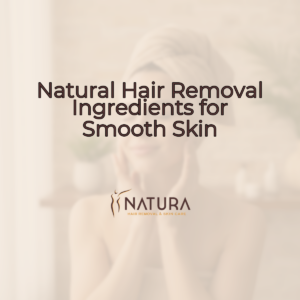 A serene female model in a spa setting with glowing skin, showcasing natural hair removal ingredients.