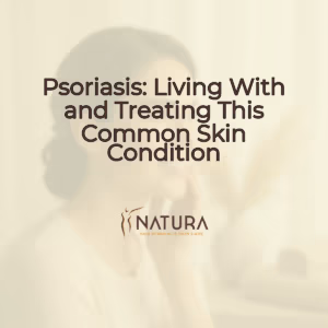 A serene, spa-like setting with warm beige and soft brown tones, showcasing a natural, glowing complexion.