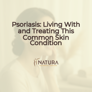 A serene, spa-like setting with warm beige and soft brown tones, showcasing a natural, glowing complexion.