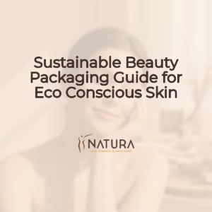 A square, soft, warm, and natural background for a skincare promotion. It features a tasteful woman with glowing skin, relaxed pose, and a genuine smile. The background is slightly blurred, embodying a luxurious and spa-like mood.