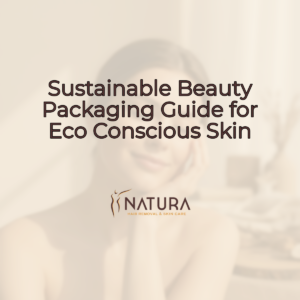 A square, soft, warm, and natural background for a skincare promotion. It features a tasteful woman with glowing skin, relaxed pose, and a genuine smile. The background is slightly blurred, embodying a luxurious and spa-like mood.