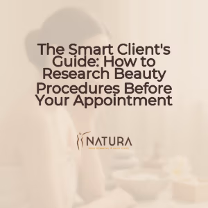 A woman with glowing skin touching her face, in a spa background, with a warm beige/cream/soft brown-colored palette.