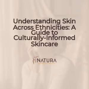 A serene, warm background image for a skincare brand, featuring a woman with short hair and minimalist style, glowing skin, relaxed pose, and a genuine smile. The background is softly blurred.
