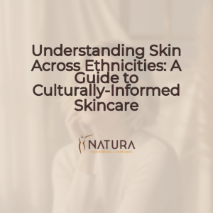 A serene, warm background image for a skincare brand, featuring a woman with short hair and minimalist style, glowing skin, relaxed pose, and a genuine smile. The background is softly blurred.