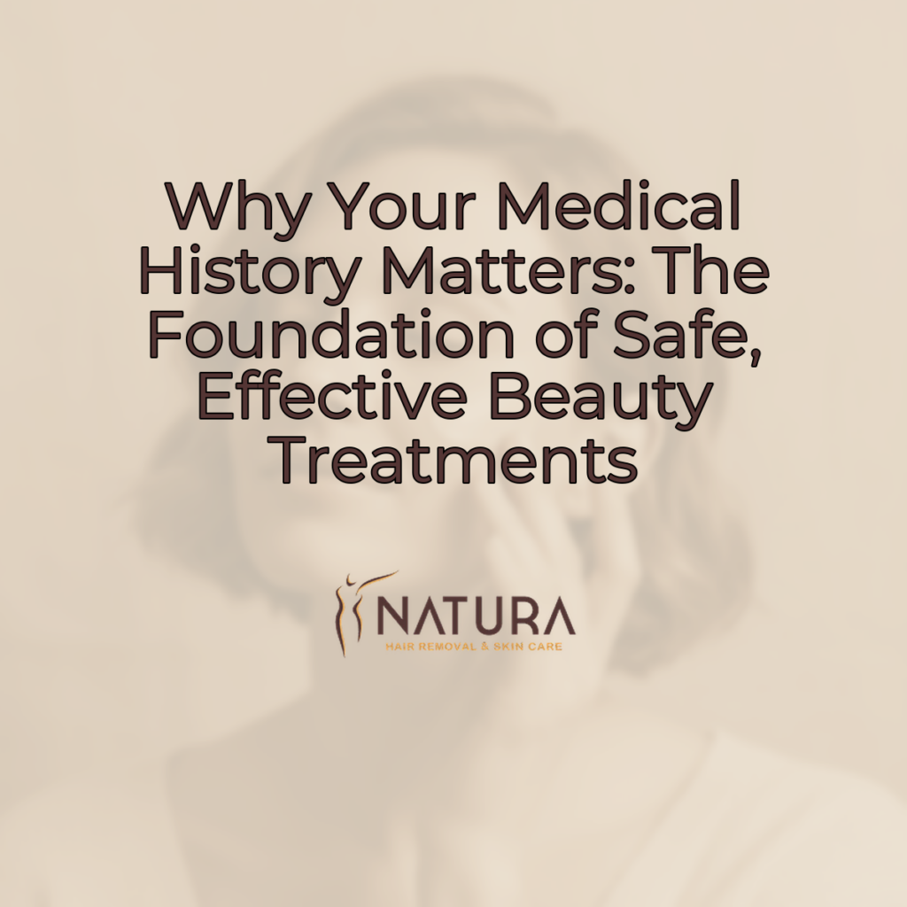 A serene female model with short hair displays glowing skin in a relaxed pose, with a genuine smile, set against a softly blurred background. The image has a soft, natural aesthetic with warm beige, cream, and soft brown tones, evoking a luxurious and trustworthy spa-like mood.