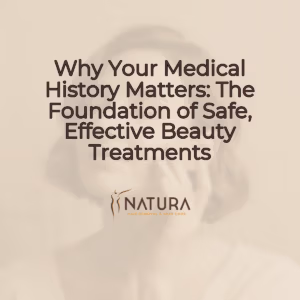 A serene female model with short hair displays glowing skin in a relaxed pose, with a genuine smile, set against a softly blurred background. The image has a soft, natural aesthetic with warm beige, cream, and soft brown tones, evoking a luxurious and trustworthy spa-like mood.