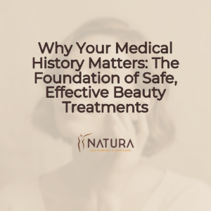 A serene female model with short hair displays glowing skin in a relaxed pose, with a genuine smile, set against a softly blurred background. The image has a soft, natural aesthetic with warm beige, cream, and soft brown tones, evoking a luxurious and trustworthy spa-like mood.