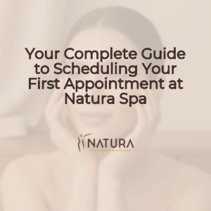 A serene, warm beige and soft brown background image featuring a woman with glowing skin and a contemplative gaze, suitable for a spa promotion.
