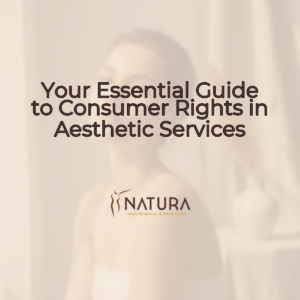 A woman with glowing skin, relaxed pose, and a genuine smile, touching her face. The background is a soft, blurred beige and cream.