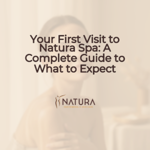 A woman with glowing skin in a relaxing spa pose is shown, with a blurred natural background. The overall aesthetic is soft, warm, and natural.