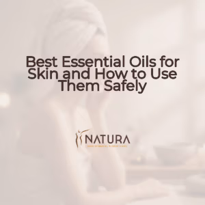 A woman with glowing skin in a spa setting, with a warm beige and brown palette, representing a natural and trustworthy brand.