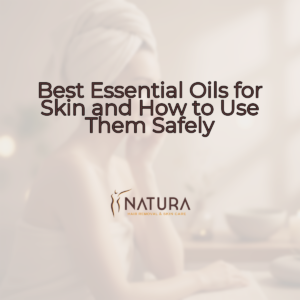 A woman with glowing skin in a spa setting, with a warm beige and brown palette, representing a natural and trustworthy brand.