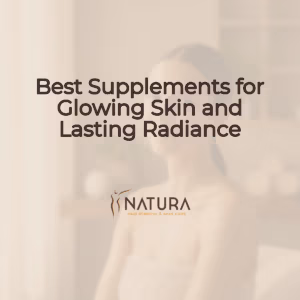 A woman with glowing skin, soft smile, in a relaxed pose, with a professional skincare promotional background in warm beige/cream/soft brown colors.