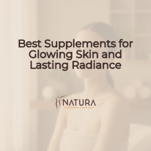 A woman with glowing skin, soft smile, in a relaxed pose, with a professional skincare promotional background in warm beige/cream/soft brown colors.