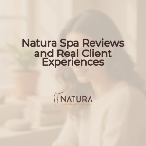 A serene, elegantly natural background image for Natura Spa. Woman's face with glowing skin, soft-focus, warmth.