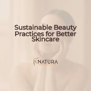 A woman with glowing skin, eyes closed, and a confident smile, in a spa-like setting.