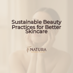 A woman with glowing skin, eyes closed, and a confident smile, in a spa-like setting.